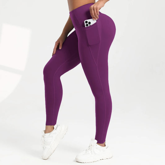 Women Solid Color High Waist Leggings with Pockets
